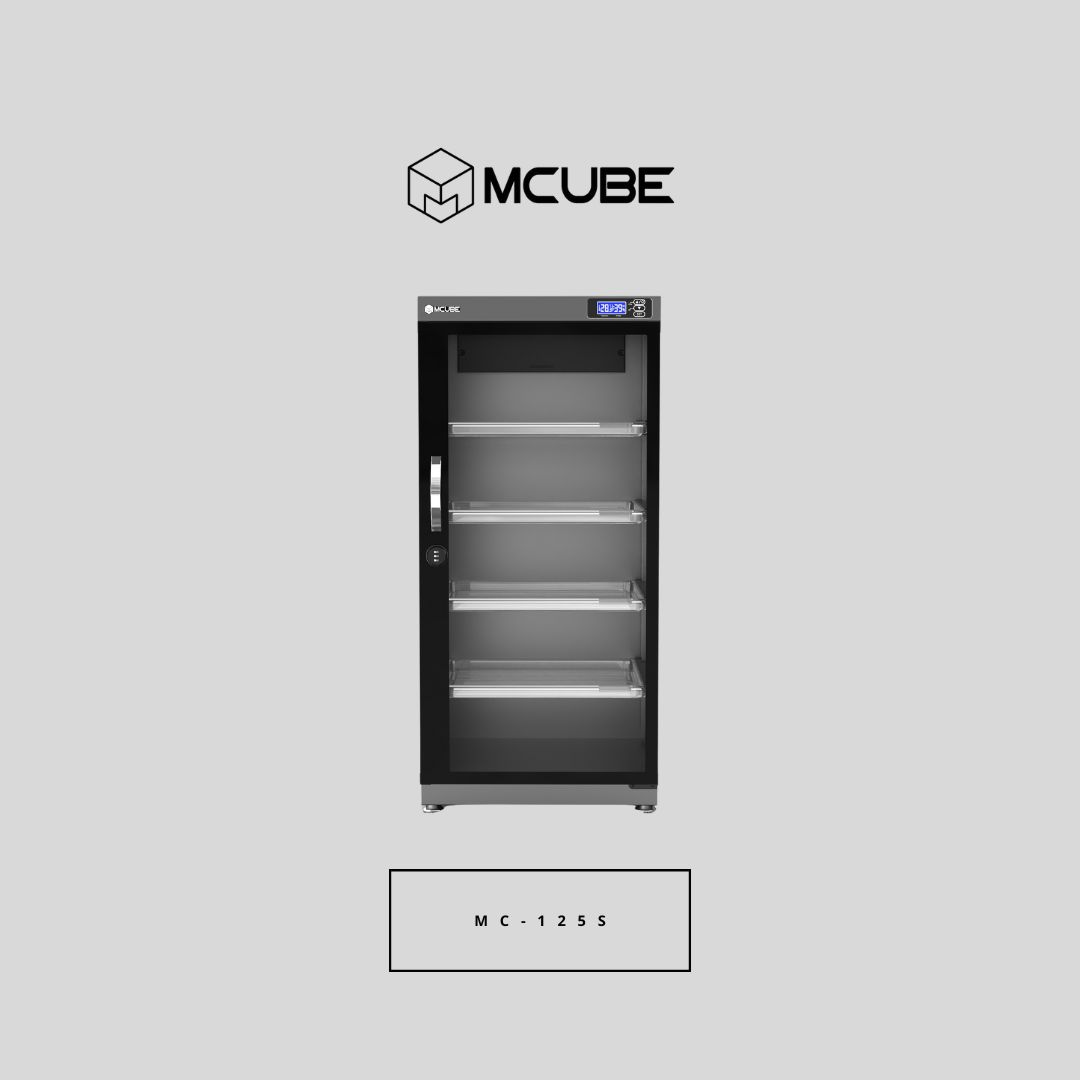MCUBE 125L dry cabinet interior with professional camera gear