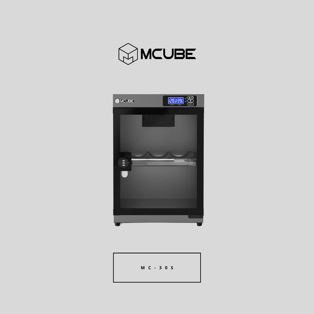 MCUBE 30L dry cabinet interior with camera gear