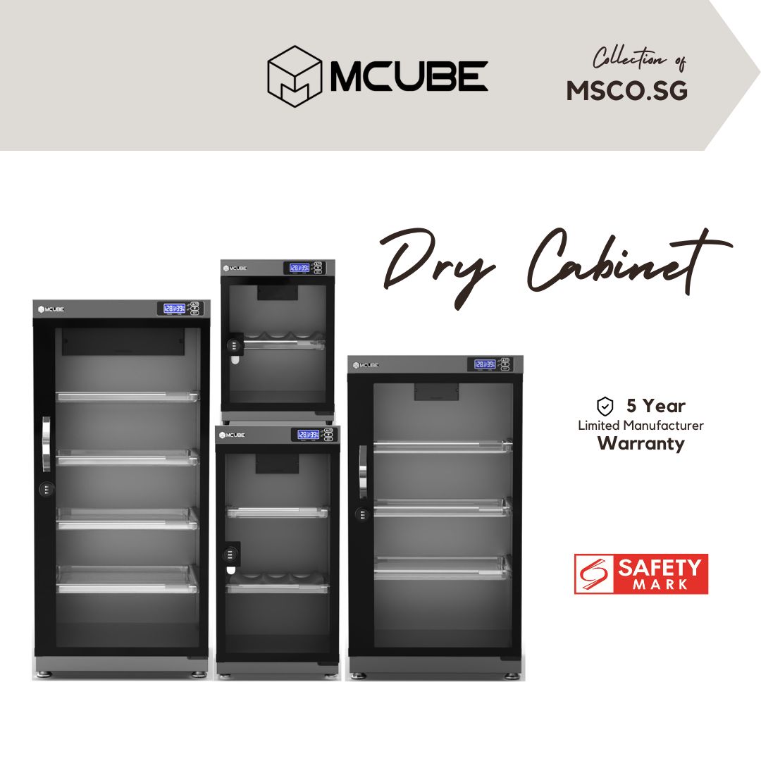 MCUBE Dry Cabinet collection — 30L to 195L models with 5-year warranty and Safety Mark certification